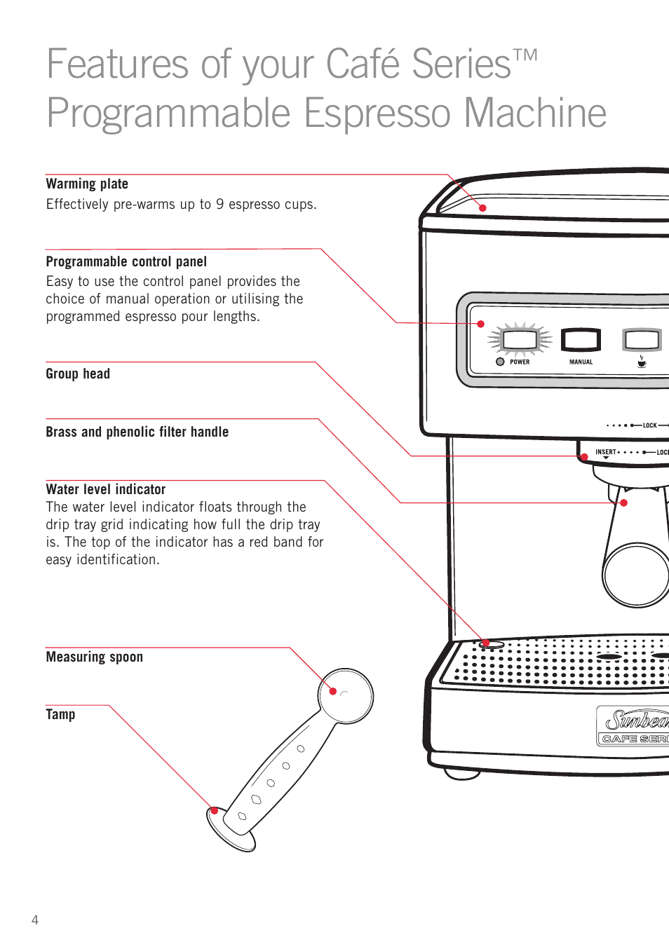 Features of your café series, Programmable espresso machine | Sunbeam EM5800 User Manual | Page 5 / 33