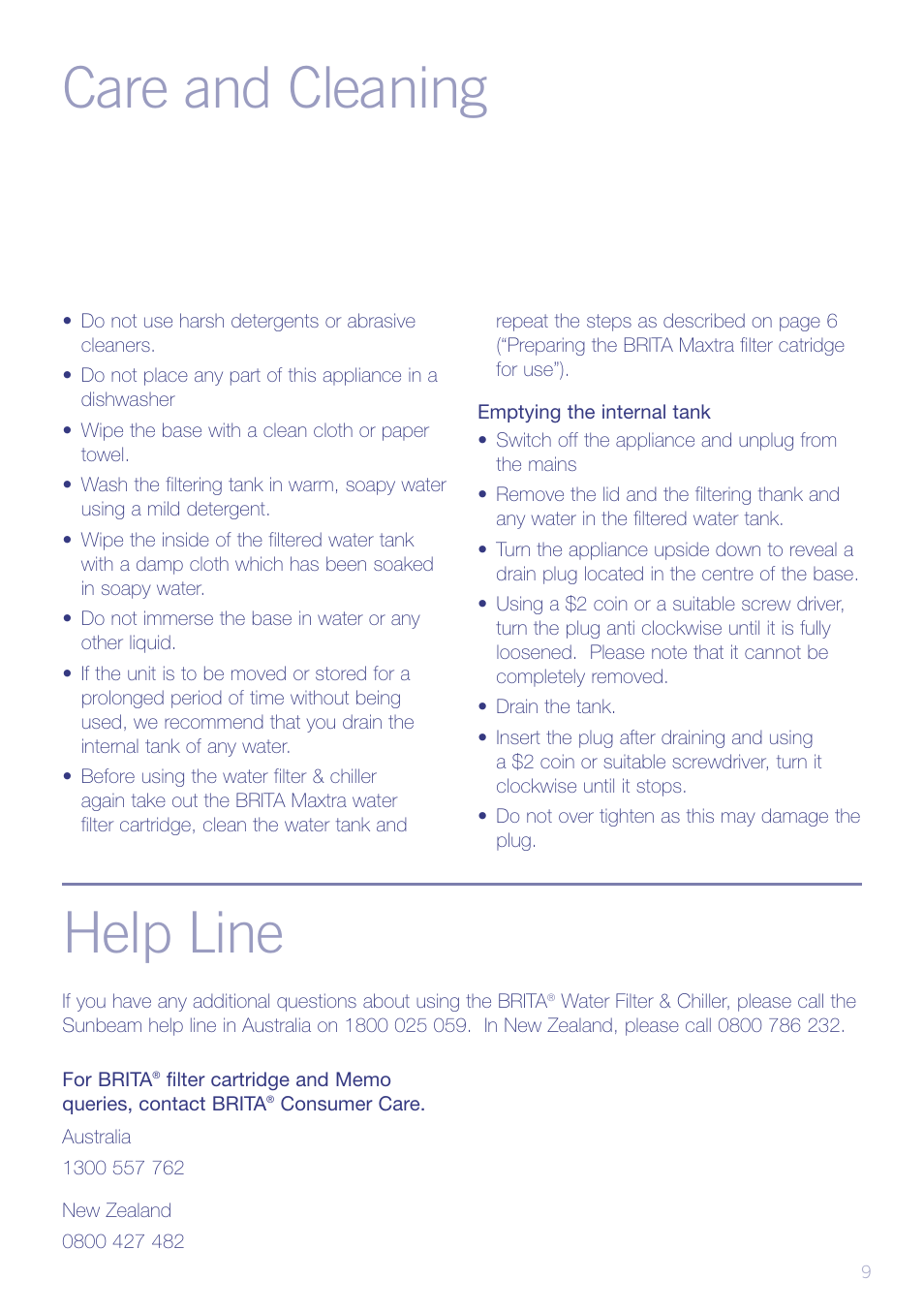 Heading care and cleaning help line | Sunbeam WF5900 User Manual | Page 11 / 12