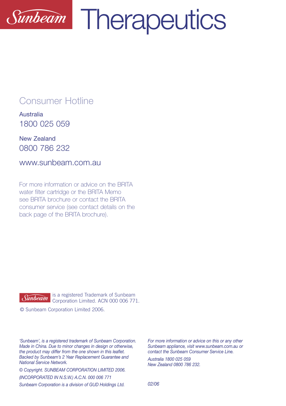 Therapeutics, Consumer hotline | Sunbeam WF5900 User Manual | Page 12 / 12