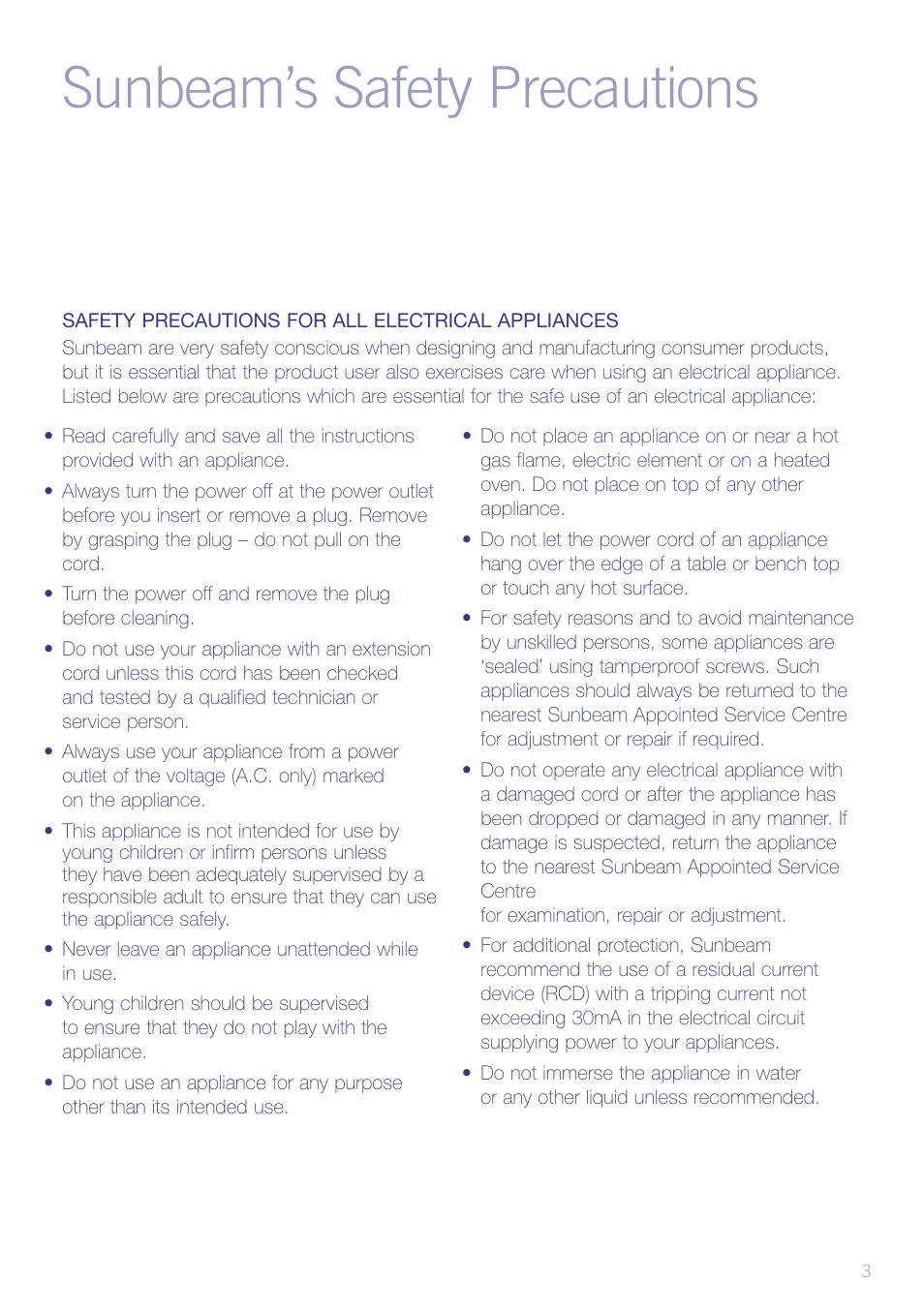 Sunbeam’s safety precautions | Sunbeam WF5900 User Manual | Page 5 / 12