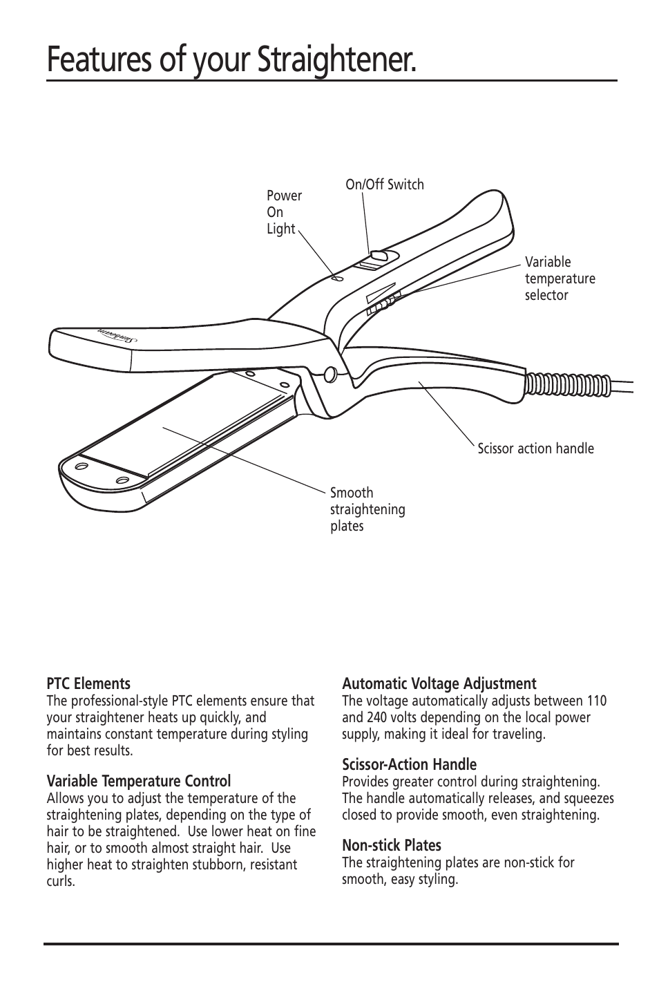 Features of your straightener | Sunbeam HS7900 User Manual | Page 3 / 4