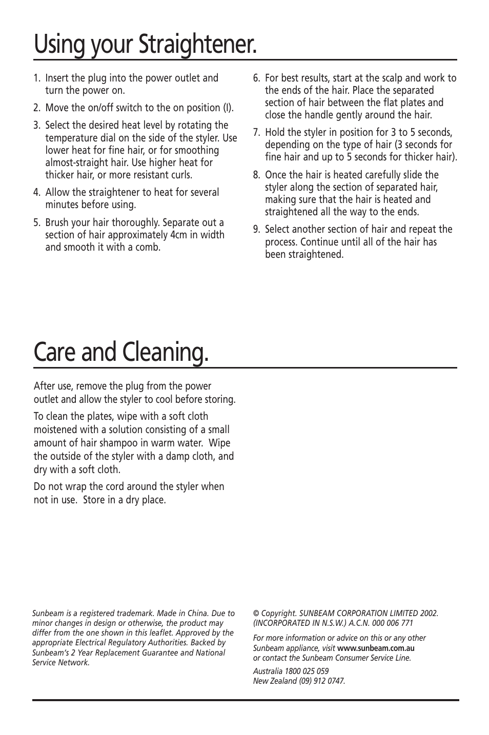 Using your straightener. care and cleaning | Sunbeam HS7900 User Manual | Page 4 / 4