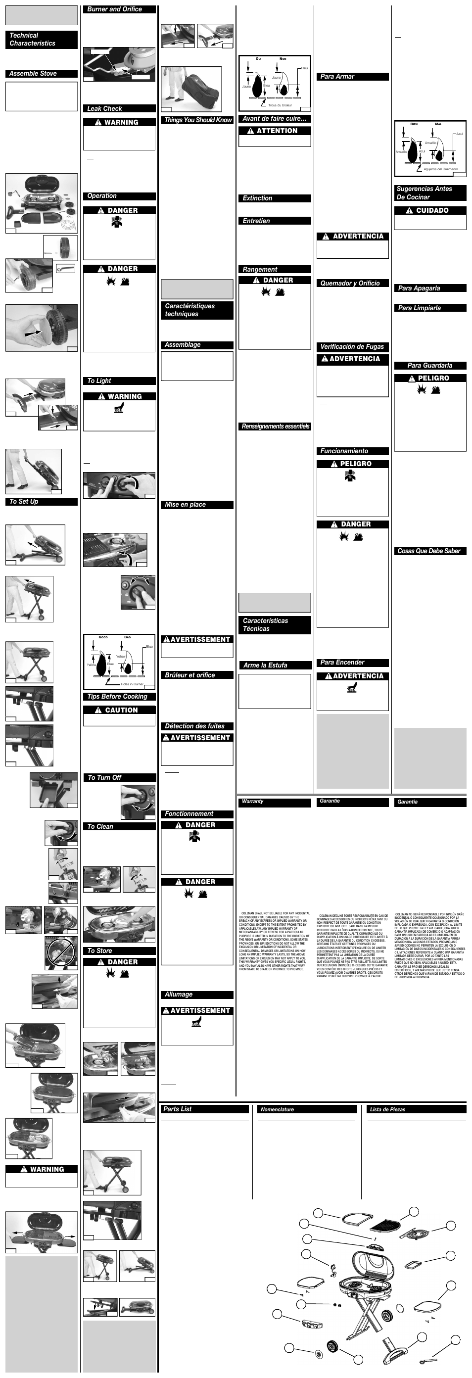 English, Français, Español | Assemble stove technical characteristics, Operation, Danger, Warning, Things you should know, Leak check, Tips before cooking caution | Sunbeam 9949A050T User Manual | Page 2 / 2