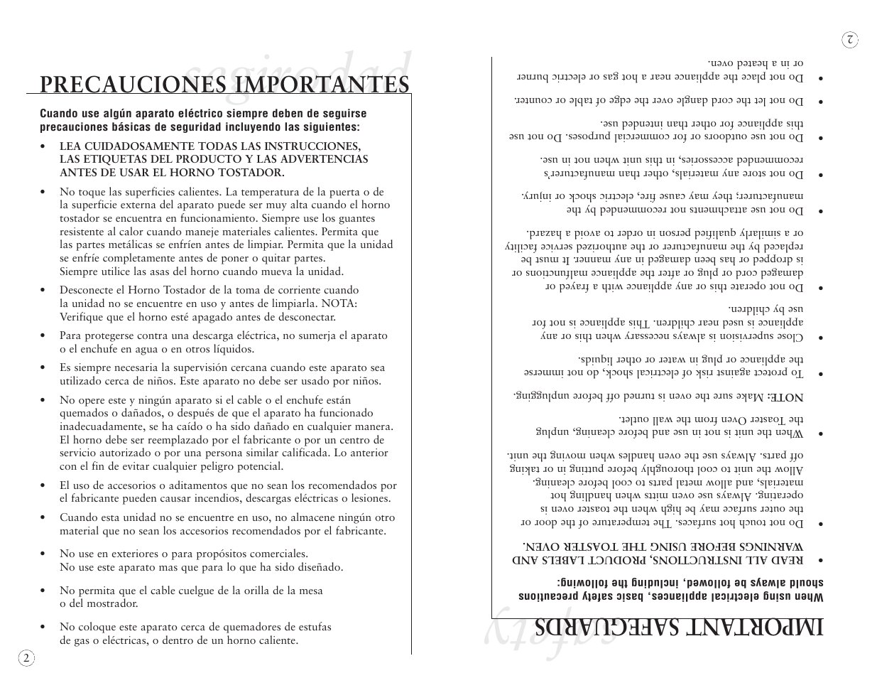 Segirodad safety, Import ant safeguards, Precauciones importantes | Sunbeam 6191 User Manual | Page 12 / 20