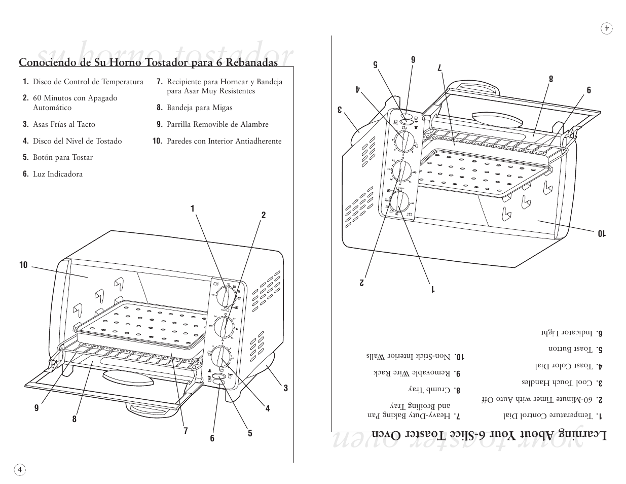 Your toaster oven, Su horno tostador, Learning about y our 6-slice t oaster oven | Sunbeam 6191 User Manual | Page 14 / 20