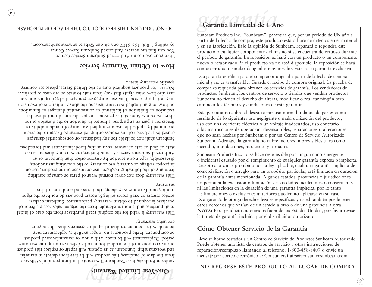 Warranty, Garantía | Sunbeam 6191 User Manual | Page 19 / 20