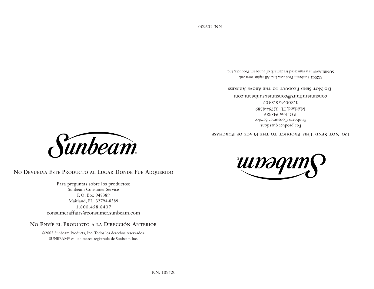 Sunbeam 6191 User Manual | Page 20 / 20