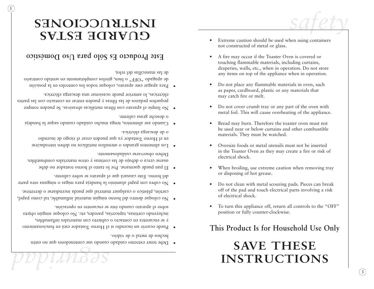 Seguridad, Safety, Guarde estas instrucciones | Save these instructions, Este producto es sólo para uso doméstico, This product is for household use only | Sunbeam 6191 User Manual | Page 3 / 20