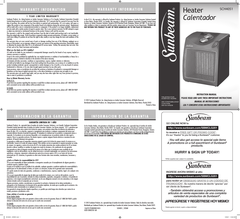 Sunbeam Heater SCH4051 User Manual | 2 pages