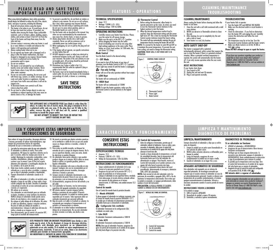 Save these instructions, Limpie za y mantenimiento diagnostico de problemas | Sunbeam Heater SCH4051 User Manual | Page 2 / 2