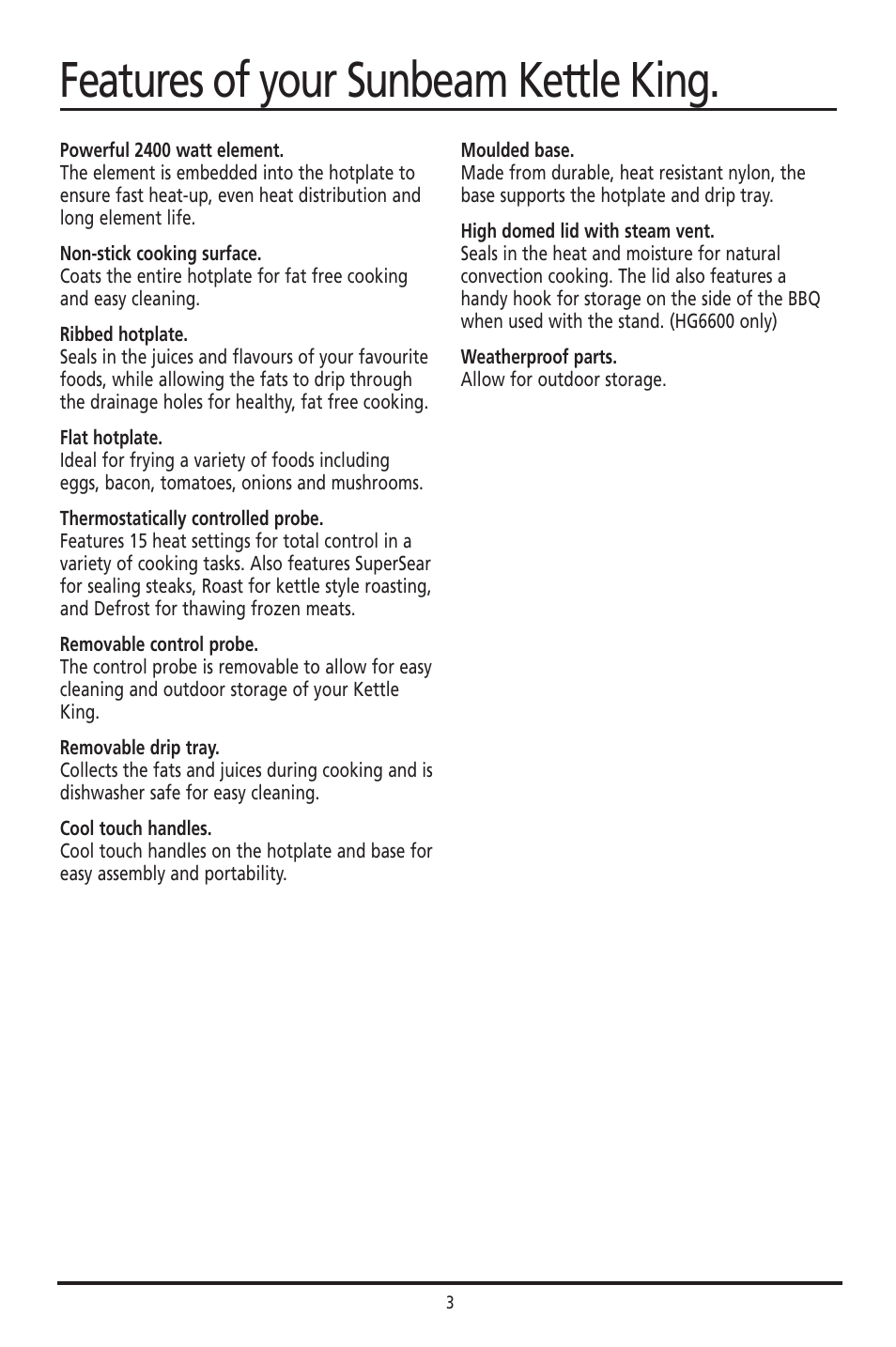 Features of your sunbeam kettle king | Sunbeam HG6600 User Manual | Page 4 / 16