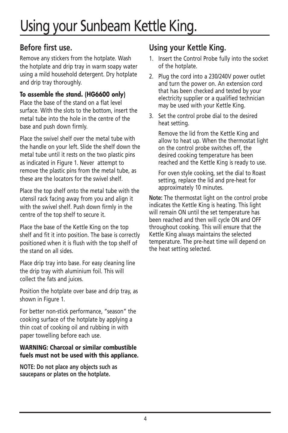 Using your sunbeam kettle king, Before first use, Using your kettle king | Sunbeam HG6600 User Manual | Page 5 / 16