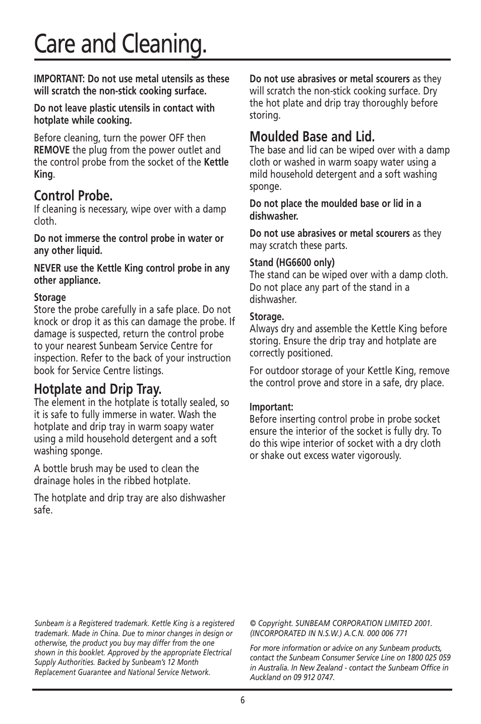 Care and cleaning, Control probe, Hotplate and drip tray | Moulded base and lid | Sunbeam HG6600 User Manual | Page 7 / 16