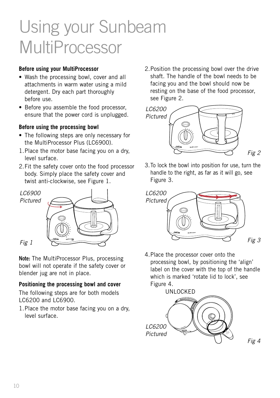 Using your sunbeam multiprocessor, Heading | Sunbeam LC6200 User Manual | Page 12 / 44
