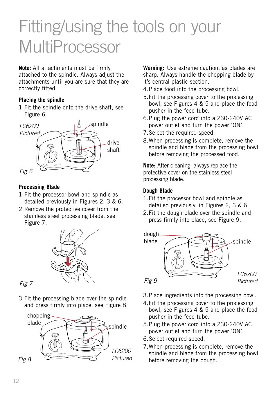 Fitting/using the tools on your multiprocessor, Heading | Sunbeam LC6200 User Manual | Page 14 / 44