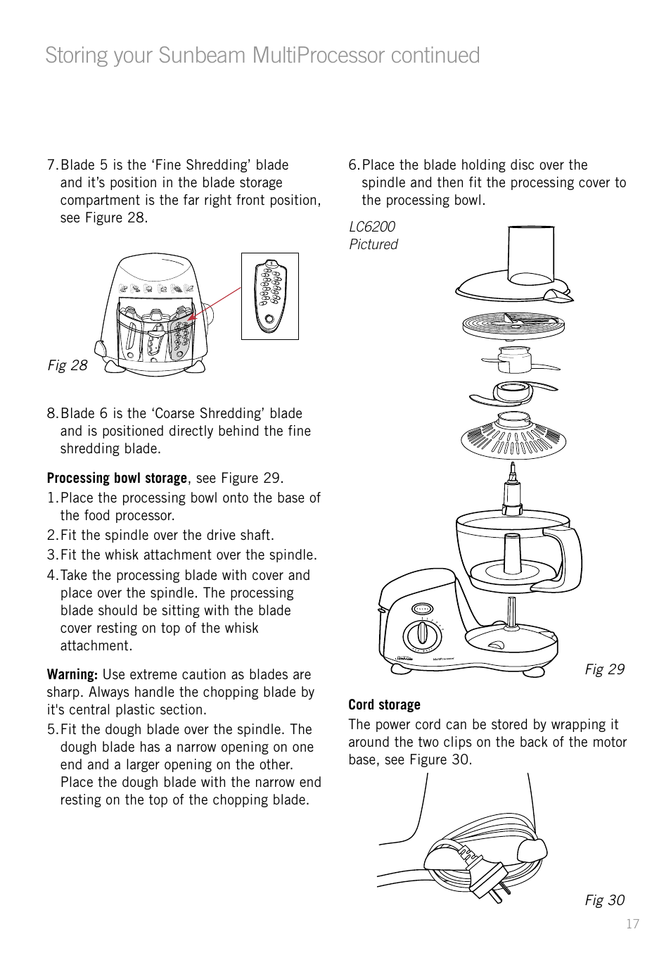 Storing your sunbeam multiprocessor continued | Sunbeam LC6200 User Manual | Page 19 / 44