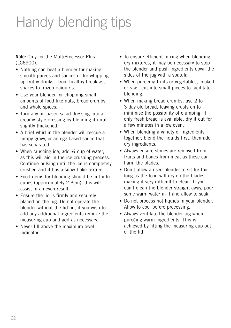 Handy blending tips | Sunbeam LC6200 User Manual | Page 24 / 44