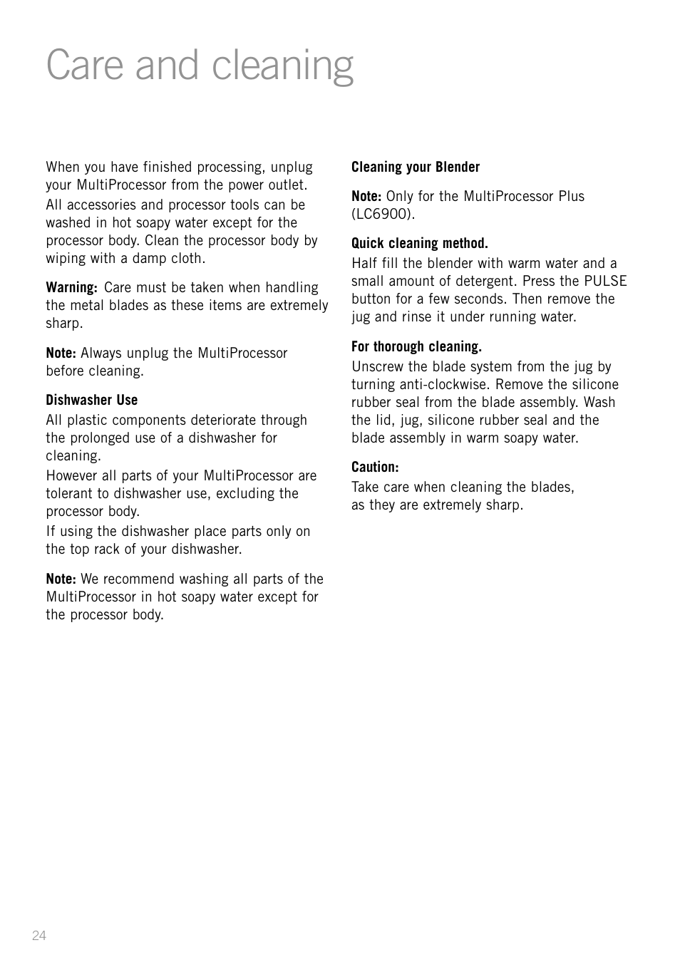 Care and cleaning | Sunbeam LC6200 User Manual | Page 26 / 44