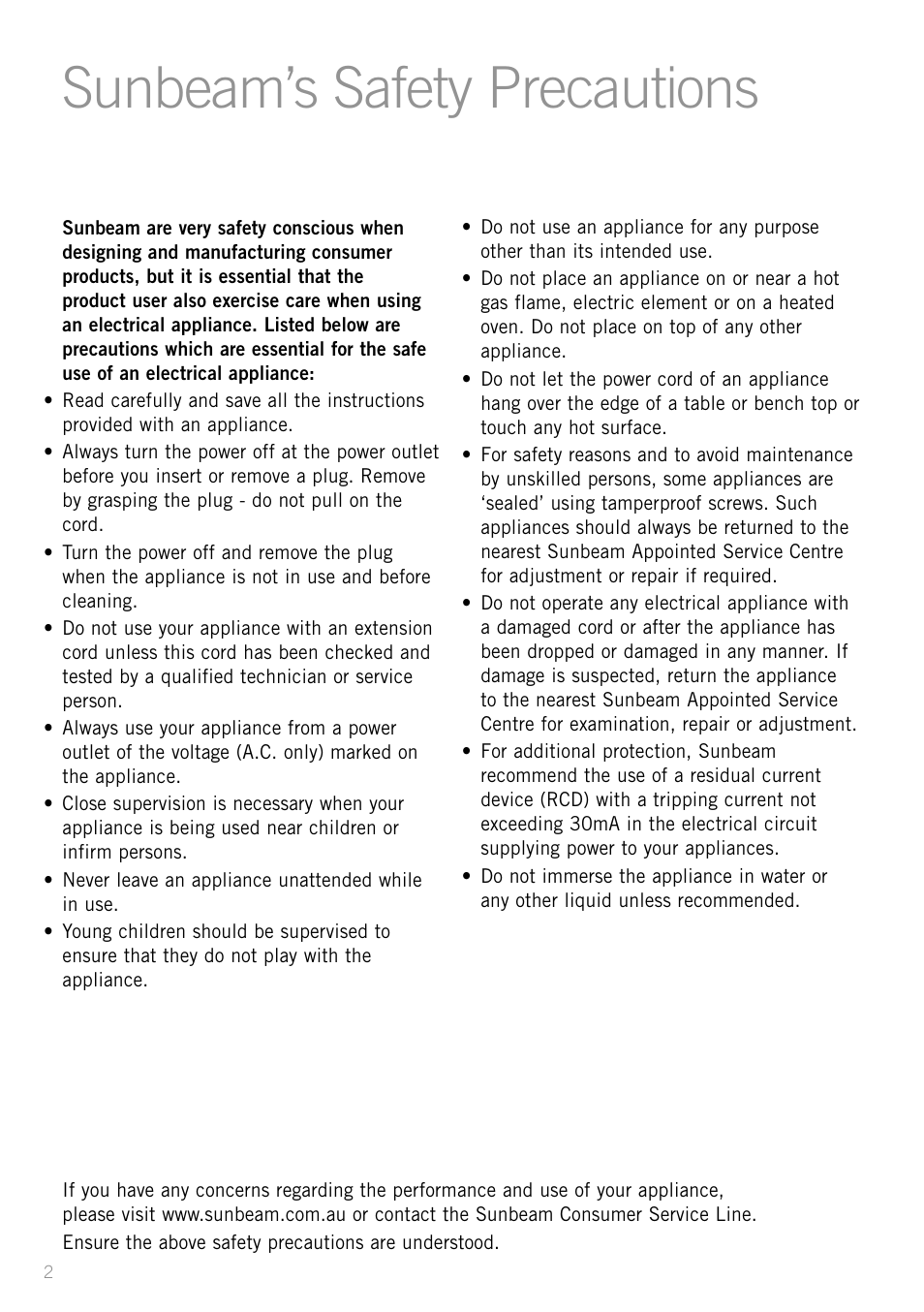 Sunbeam’s safety precautions | Sunbeam LC6200 User Manual | Page 4 / 44