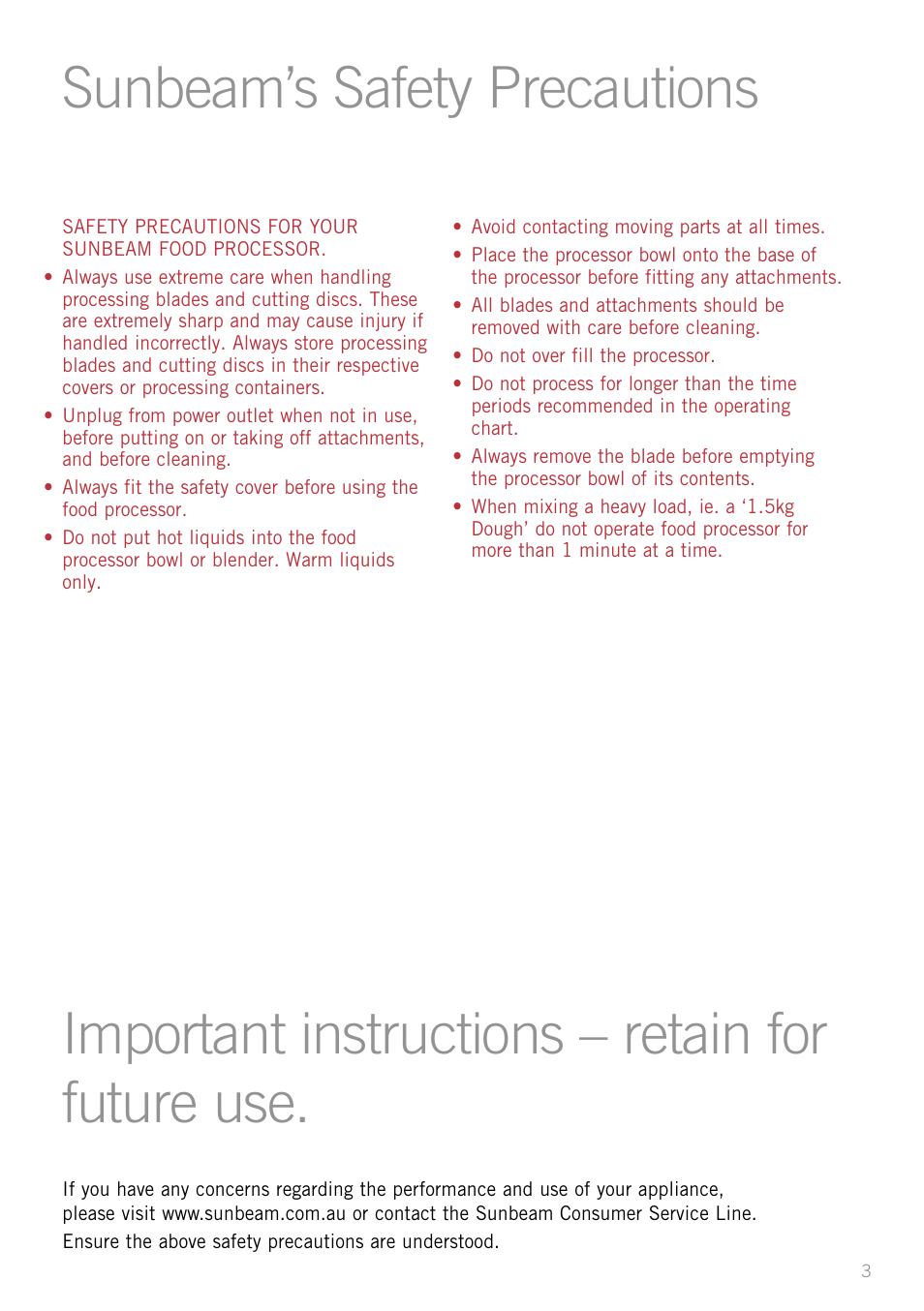 Sunbeam’s safety precautions, Important instructions – retain for future use | Sunbeam LC6200 User Manual | Page 5 / 44
