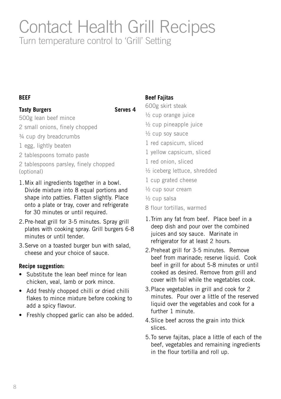 Contact health grill recipes, Turn temperature control to ‘grill’ setting | Sunbeam GC4610 User Manual | Page 10 / 24