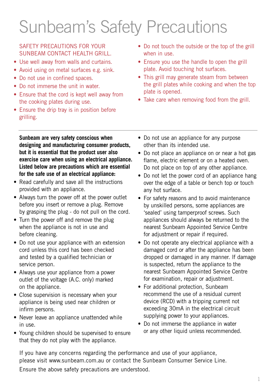 Sunbeam’s safety precautions | Sunbeam GC4610 User Manual | Page 3 / 24