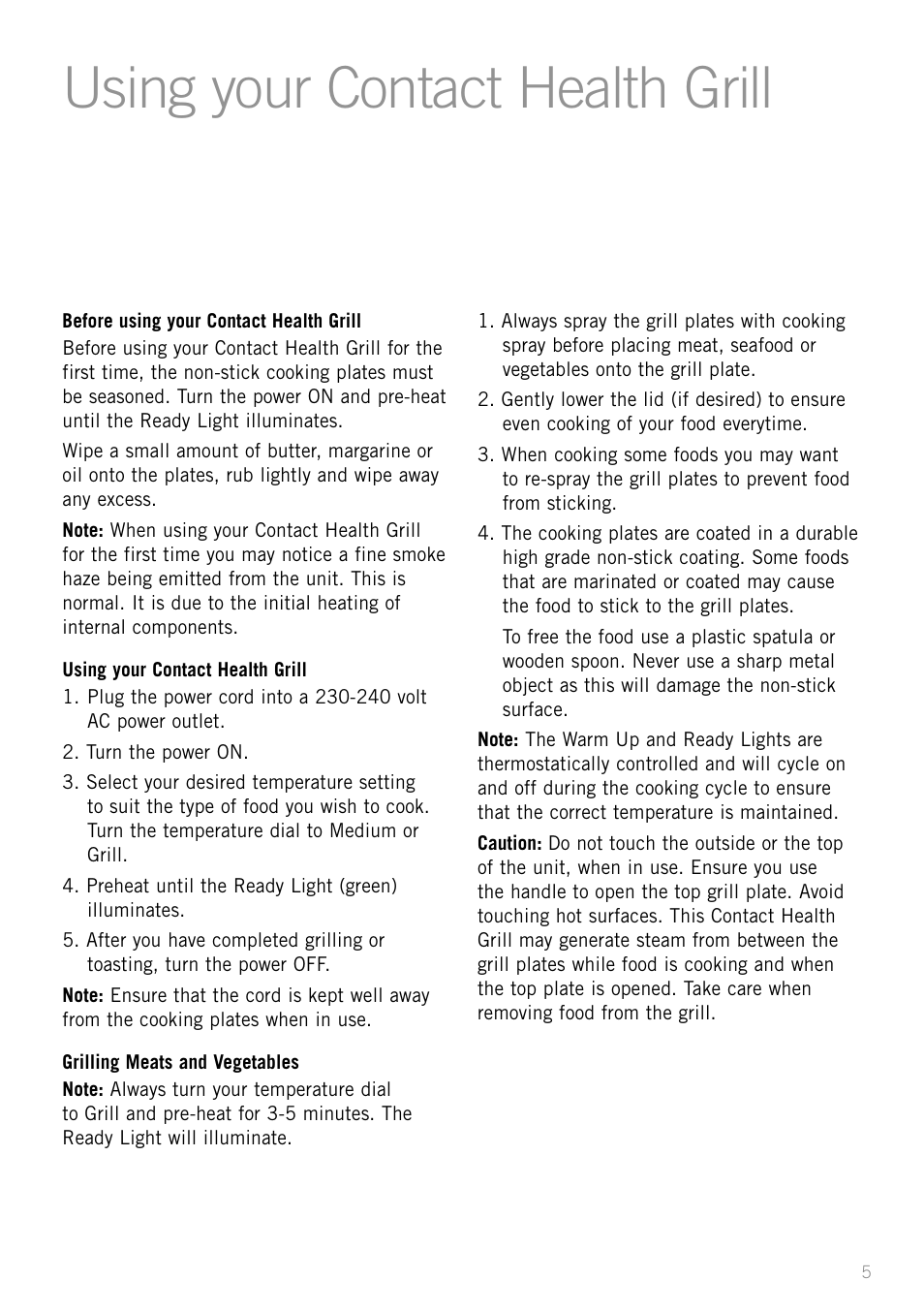 Using your contact health grill | Sunbeam GC4610 User Manual | Page 7 / 24