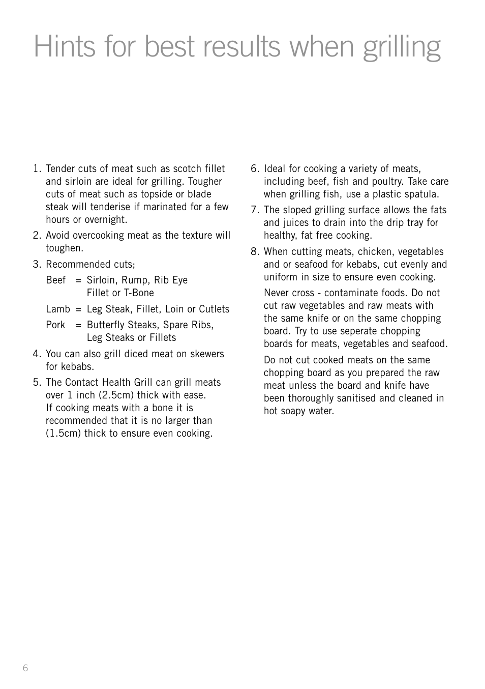 Hints for best results when grilling | Sunbeam GC4610 User Manual | Page 8 / 24