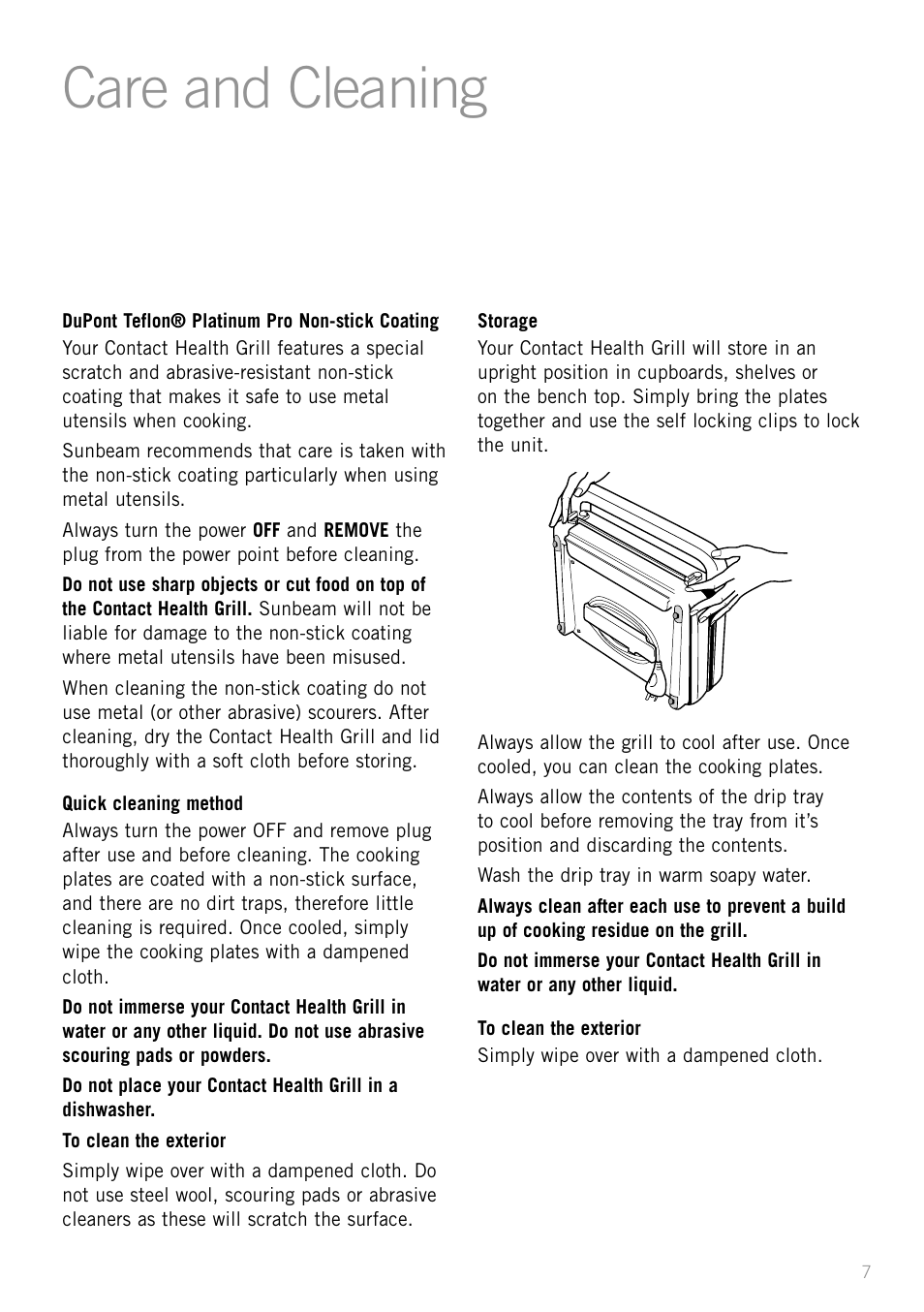 Care and cleaning | Sunbeam GC4610 User Manual | Page 9 / 24