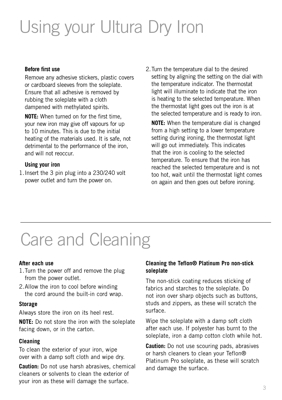 Using your ultura dry iron care and cleaning | Sunbeam 2600 User Manual | Page 5 / 8