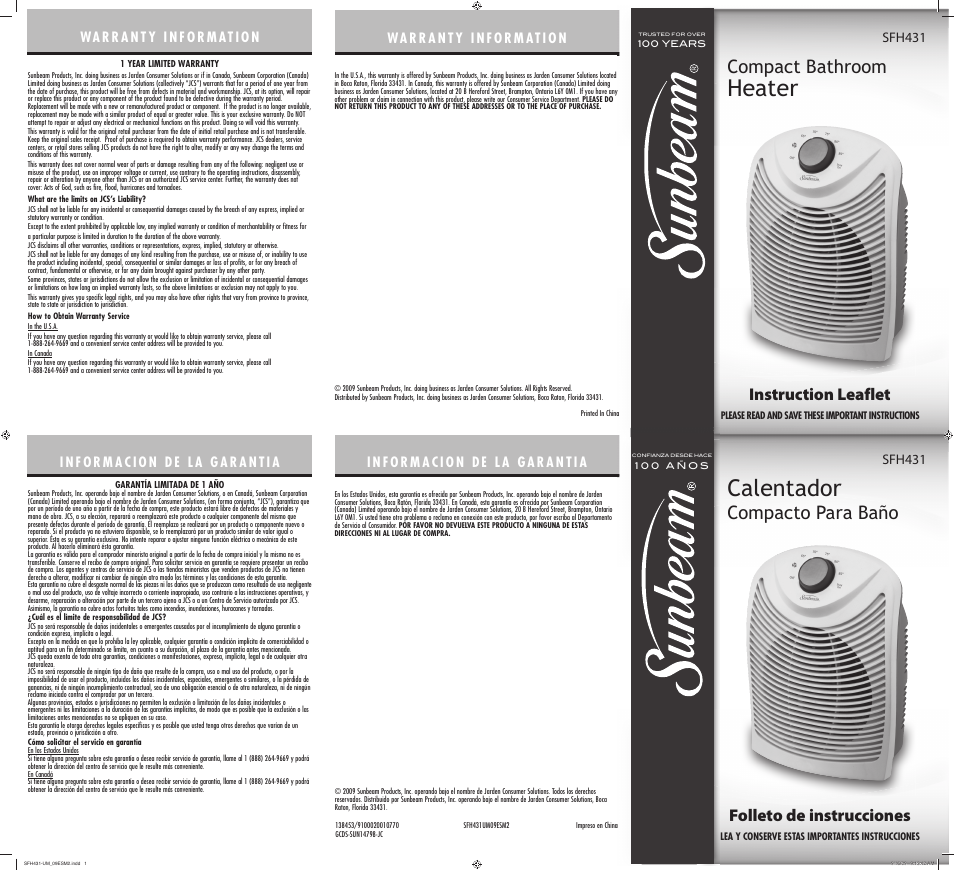 Sunbeam COMPACT BATHROOM HEATER sfh431 User Manual | 2 pages
