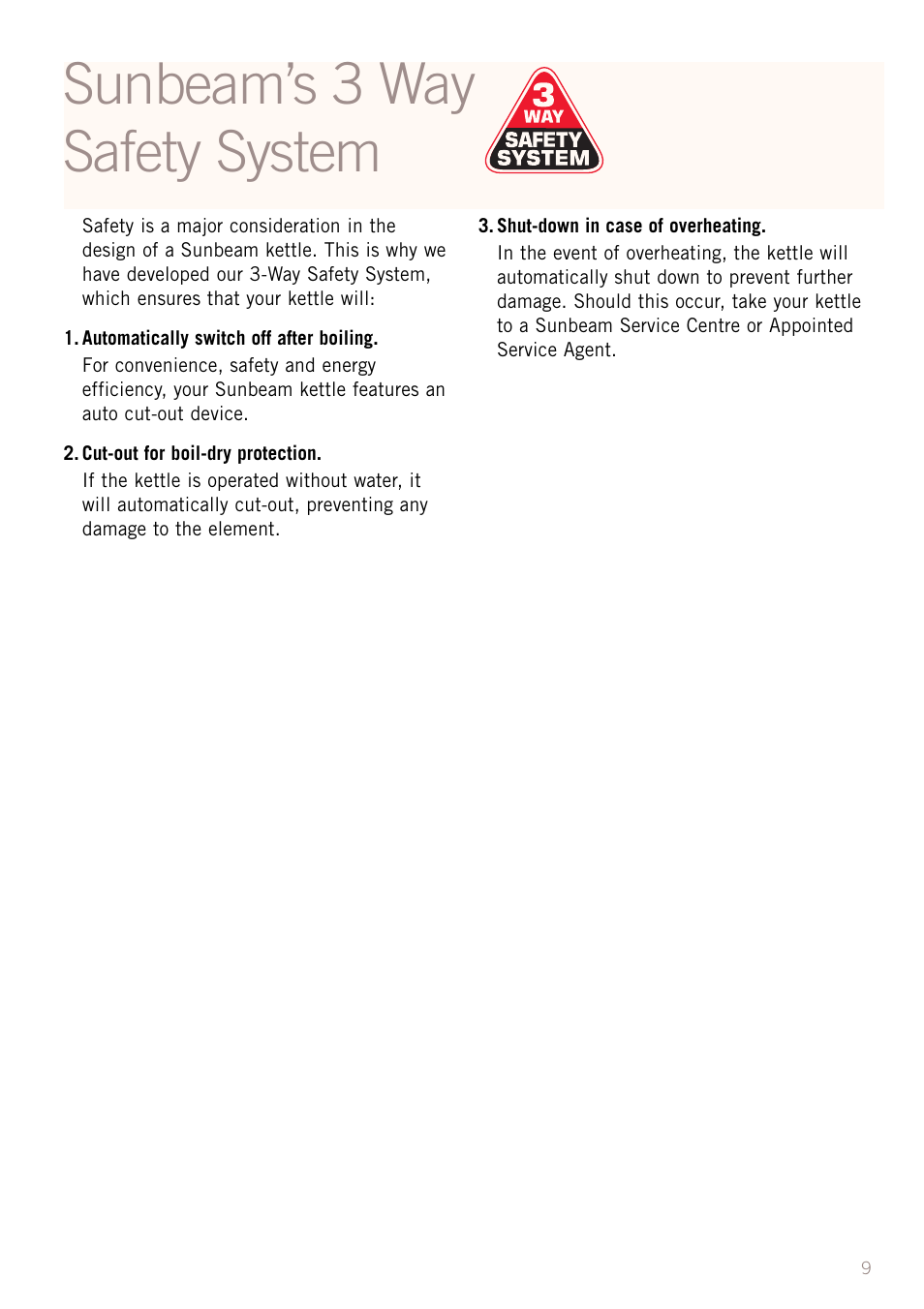 Sunbeam’s 3 way safety system | Sunbeam KE2100 User Manual | Page 10 / 12