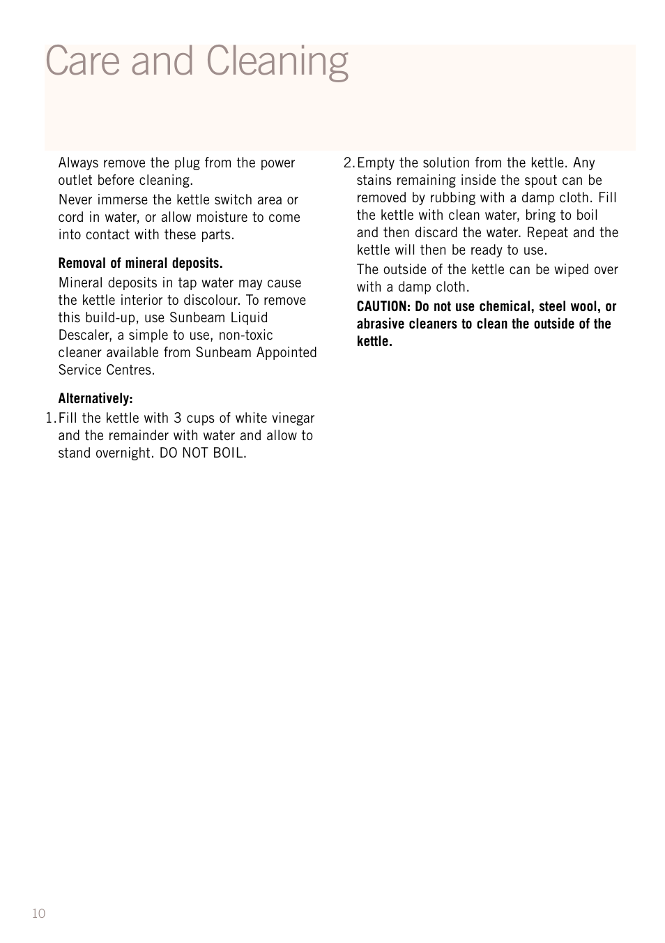 Care and cleaning | Sunbeam KE2100 User Manual | Page 11 / 12