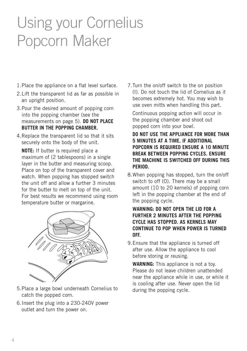 Using your cornelius popcorn maker | Sunbeam CP4500 User Manual | Page 6 / 12