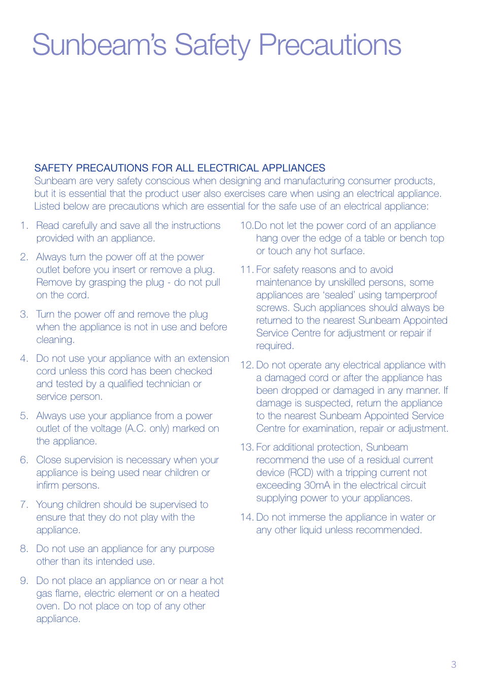 Sunbeam’s safety precautions | Sunbeam FB6500 User Manual | Page 4 / 10
