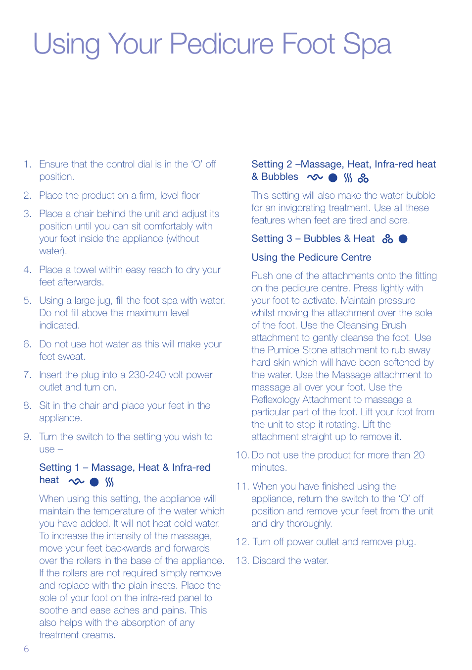 Using your pedicure foot spa | Sunbeam FB6500 User Manual | Page 7 / 10