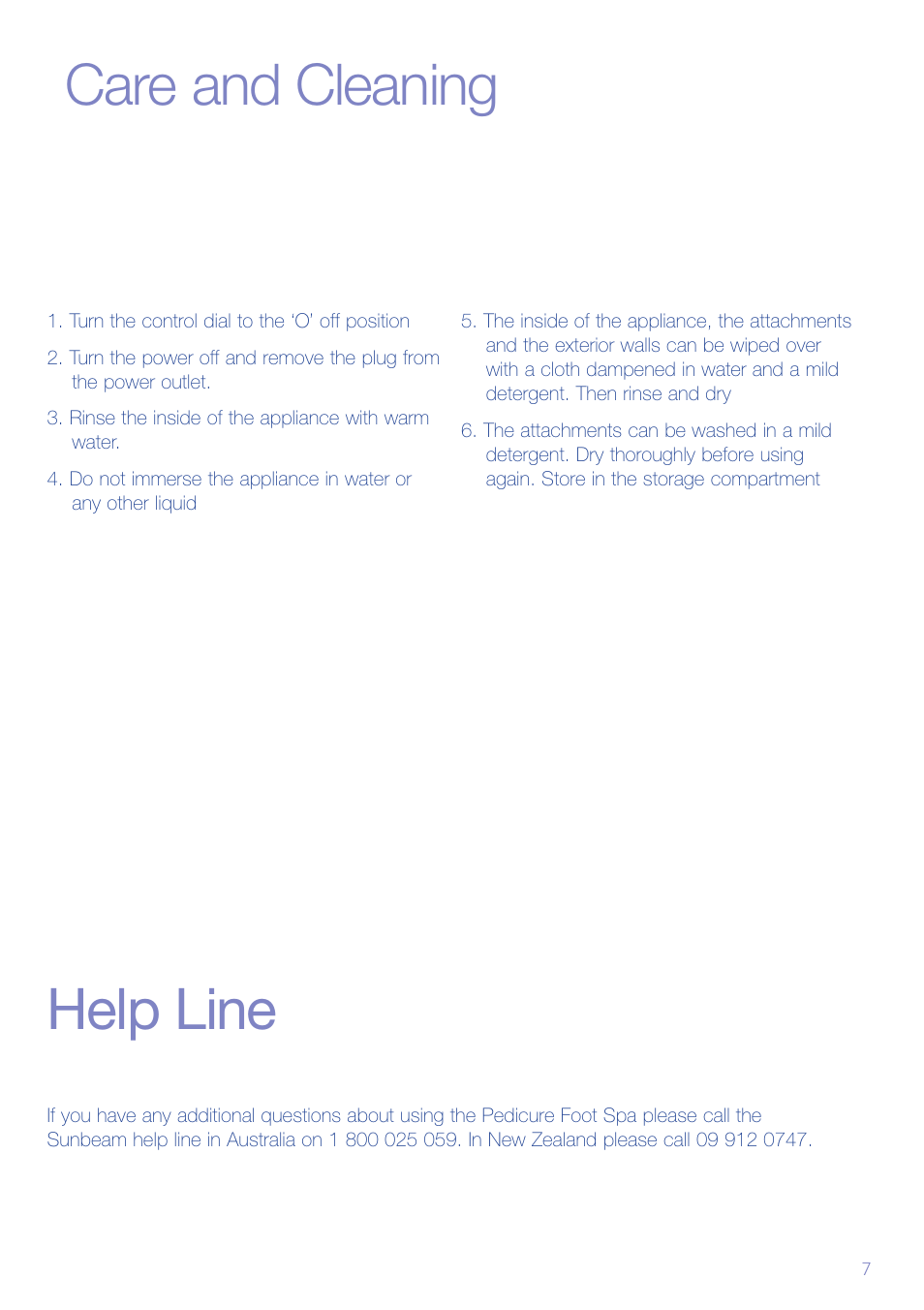 Care and cleaning help line | Sunbeam FB6500 User Manual | Page 8 / 10