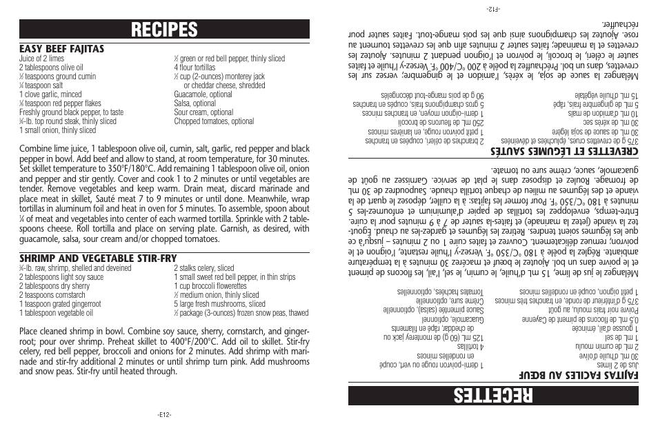 Recettes, Recipes | Sunbeam CKSBSK160-033 User Manual | Page 12 / 16