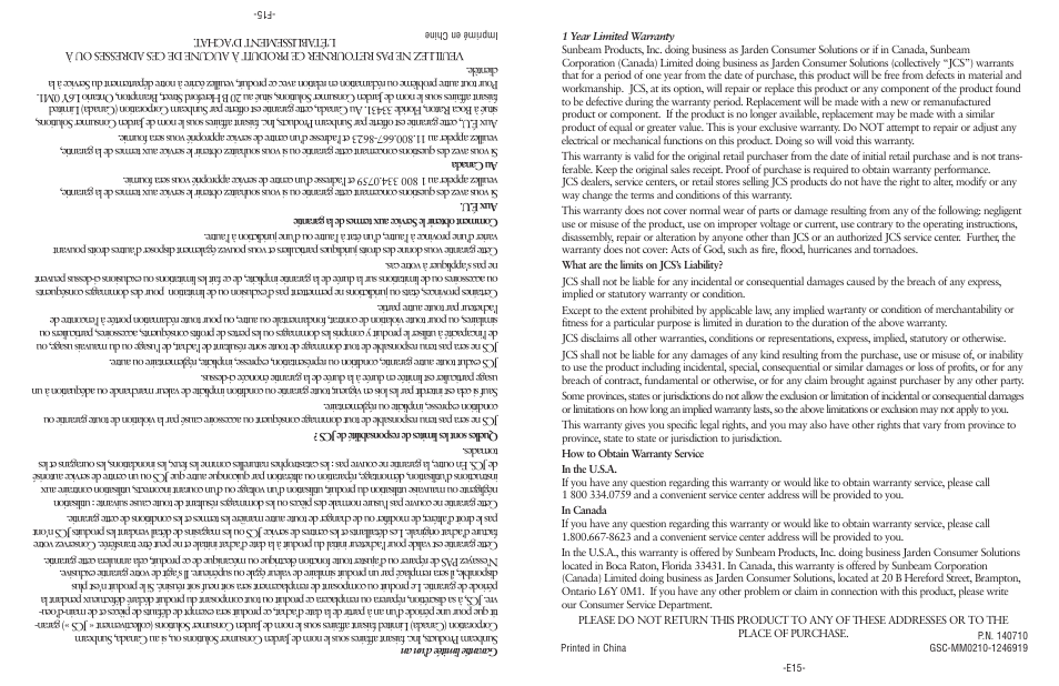 Sunbeam CKSBSK160-033 User Manual | Page 15 / 16