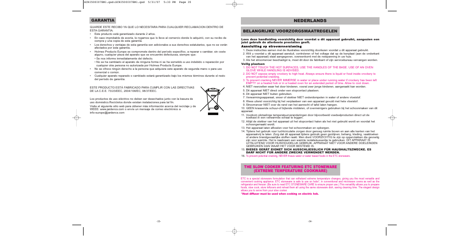 Nederlands, Garantia, Belangrijke voorzorgsmaatregelen | Sunbeam SCRI500-I User Manual | Page 18 / 42