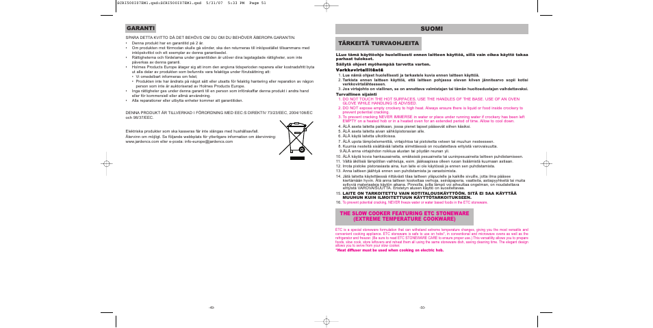 Suomi, Garanti, Tärkeitä turvaohjeita | Sunbeam SCRI500-I User Manual | Page 26 / 42