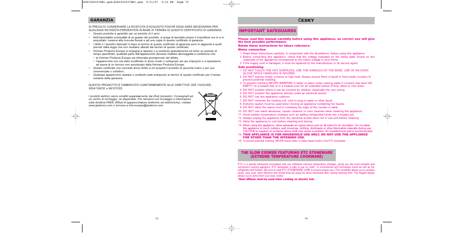Č esky, Garanzia, Important safeguards | Sunbeam SCRI500-I User Manual | Page 38 / 42