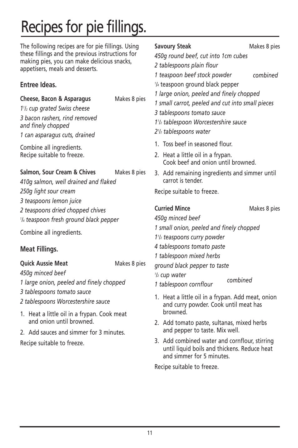 Recipes for pie fillings, Entree ideas, Meat fillings | Sunbeam PM040 User Manual | Page 11 / 16