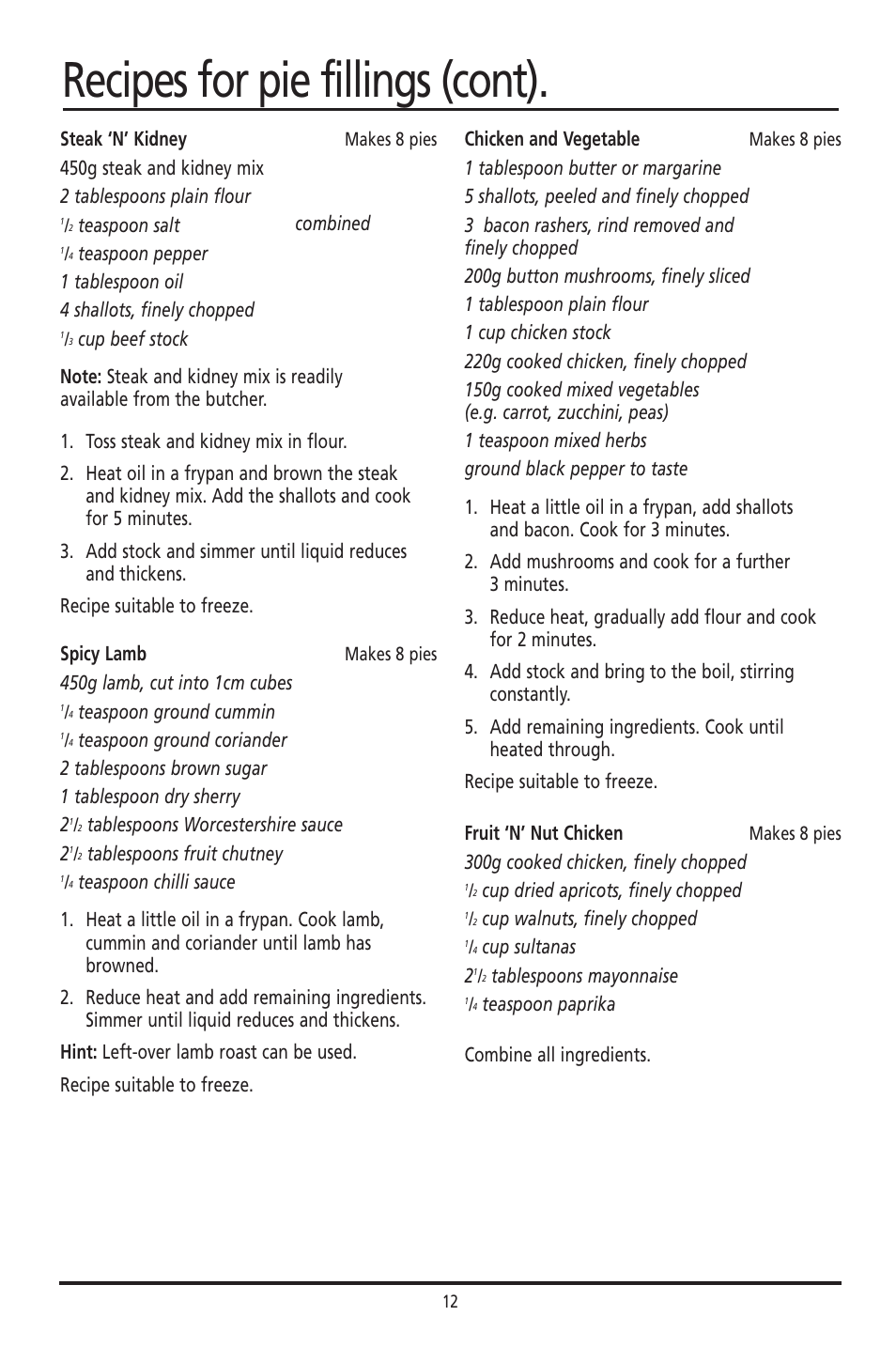 Recipes for pie fillings (cont) | Sunbeam PM040 User Manual | Page 12 / 16