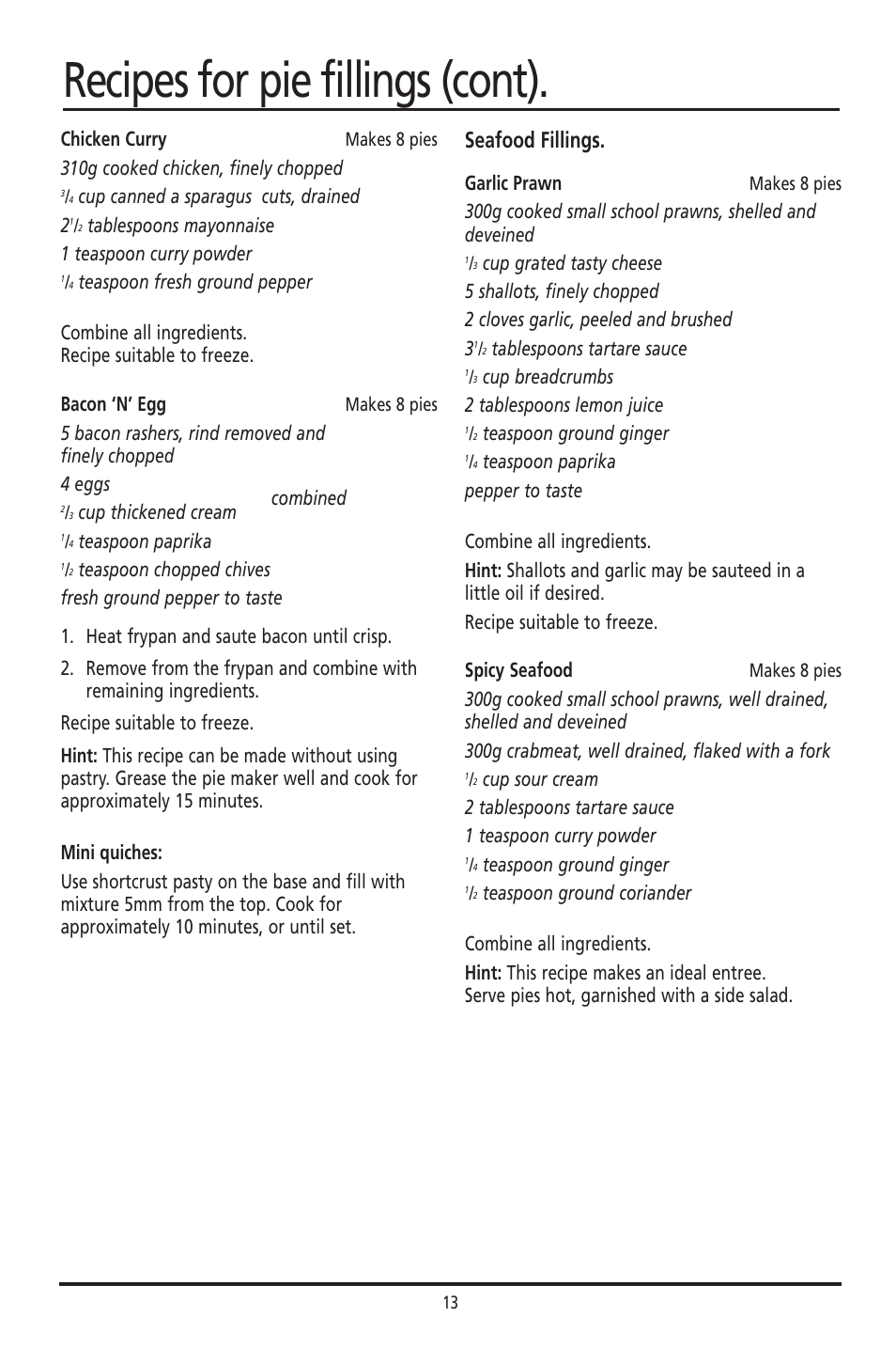 Recipes for pie fillings (cont), Seafood fillings | Sunbeam PM040 User Manual | Page 13 / 16