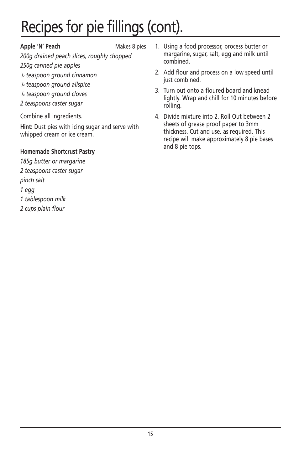 Recipes for pie fillings (cont) | Sunbeam PM040 User Manual | Page 15 / 16