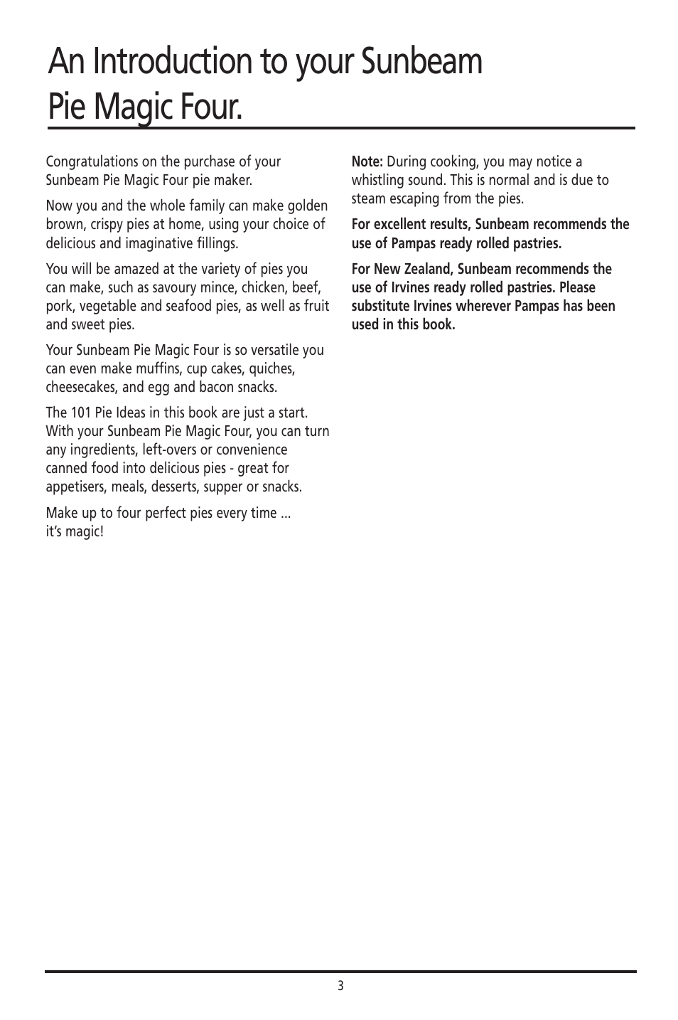 An introduction to your sunbeam pie magic four | Sunbeam PM040 User Manual | Page 3 / 16