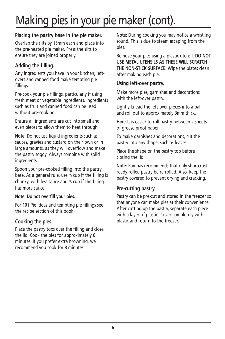 Making pies in your pie maker (cont) | Sunbeam PM040 User Manual | Page 6 / 16