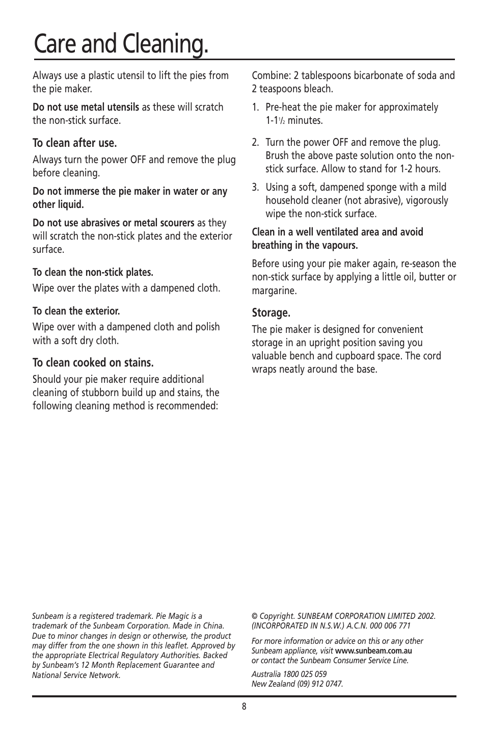 Care and cleaning | Sunbeam PM040 User Manual | Page 8 / 16