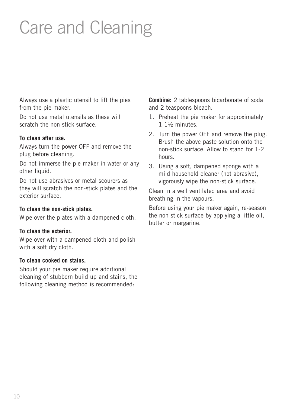 Care and cleaning | Sunbeam Pie Magic 4 User Manual | Page 10 / 12